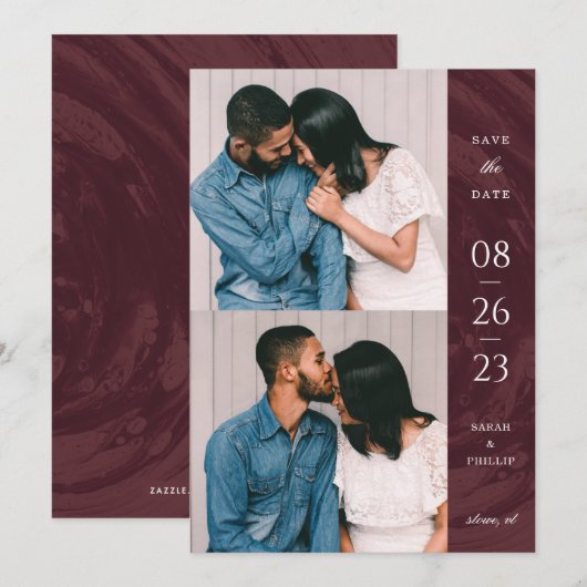 Marbled Band 2-Photo Save the Date Card - Red 招待状 (正面/裏面)