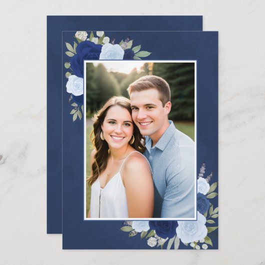 Marbled Blue Bohoバラ写真結婚アンダーレイ 招待状 (正面/裏面)