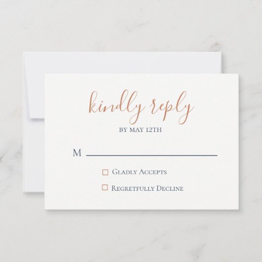 Marbled Copper Navy Blue Wedding RSVPカード (正面)