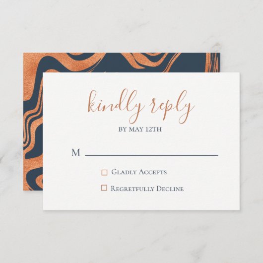 Marbled Copper Navy Blue Wedding RSVPカード (正面/裏面)