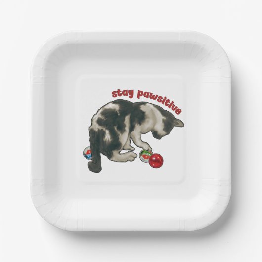 MARBLESで遊ぶ猫、Stay Pawsitive（前向きな肉球）駄洒落 ペーパープレート (正面)