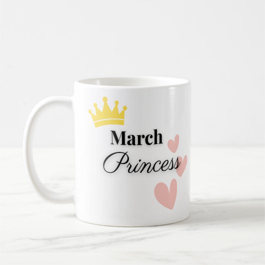 March Princess Mug – Gold Crown & Hearts Design コーヒーマグカップ (左)