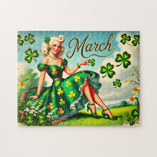 March Retro Pin-Up Girl St. Patrick's Day ジグソーパズル (横)