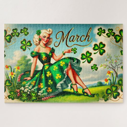 March Retro Pin-Up Girl St. Patrick's Day ジグソーパズル (横)