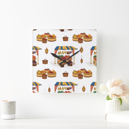 Marché marocain & Fruits Motif スクエア壁時計 (ホーム)
