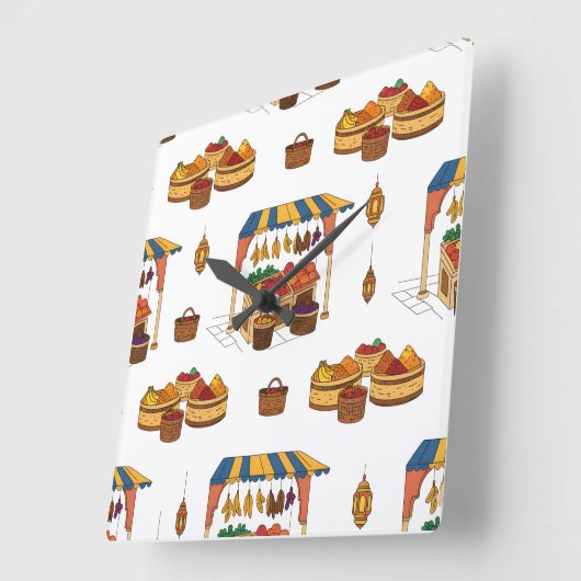 Marché marocain & Fruits Motif スクエア壁時計 (傾斜)
