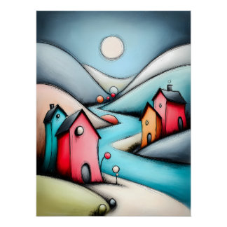 Märchenhafte Dorf Landschaft mit leuchtendem Mond ポスター