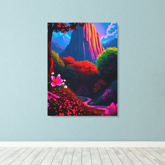 Märchenhafter Wanderpfad durch blühende Berglandsc キャンバスプリント (インサイチュ (ウッドフロア))