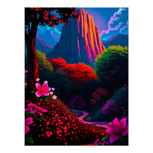 Märchenhafter Wanderpfad durch blühende Berglandsc ポスター (正面)