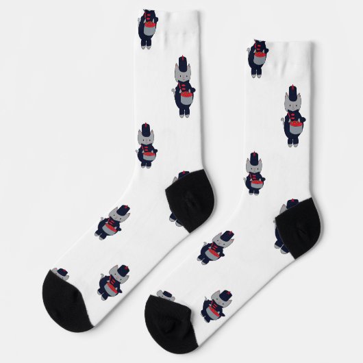 Marching Band Cat Drummer Navy Blue Red ソックス (左)