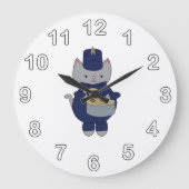 Marching Band Drummer Cat Navy Blue Gold ラージ壁時計 (正面)