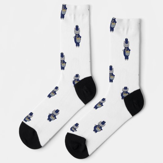 Marching Band Drummer Cat Navy Blue Gold Pattern ソックス (左)