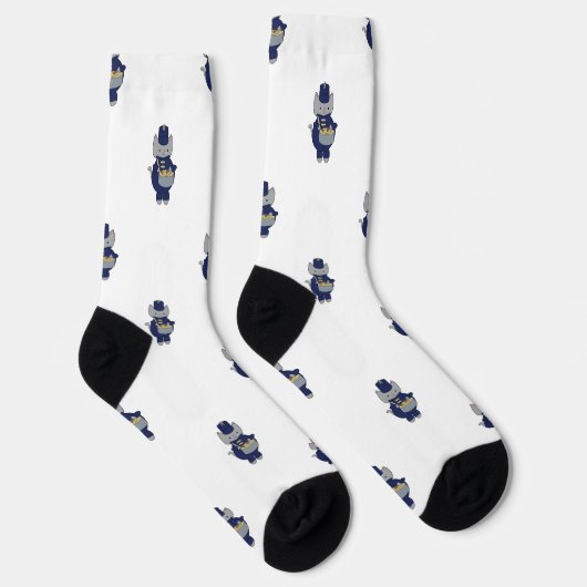 Marching Band Drummer Cat Navy Blue Gold Pattern ソックス (右)