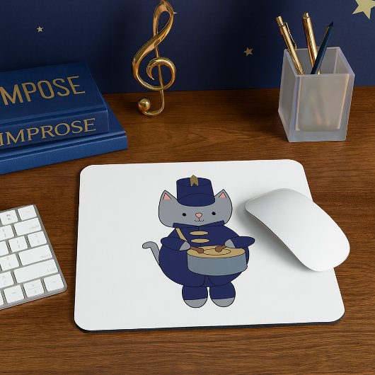 Marching Band Drummer Gray Cat Navy Blue Gold マウスパッド