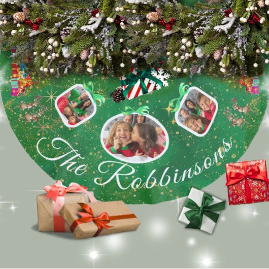 Marching Festive Reindeer Green 3 Photo Tree Skirt ブラッシュドポリエステルツリースカート