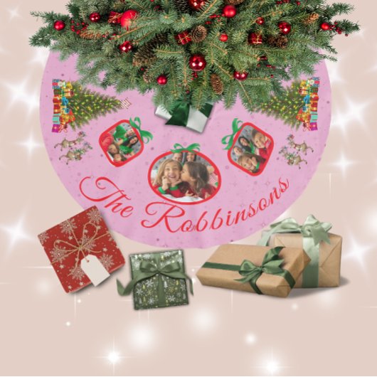 Marching Festive Reindeer Pink 3 Photo Tree Skirt ブラッシュドポリエステルツリースカート