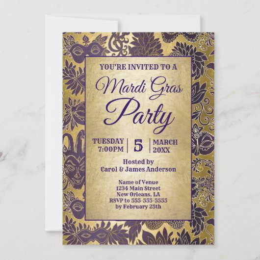Mardi Grasパーティーパープルフェイク金ゴールドマスクの戻り情報 招待状 (正面)
