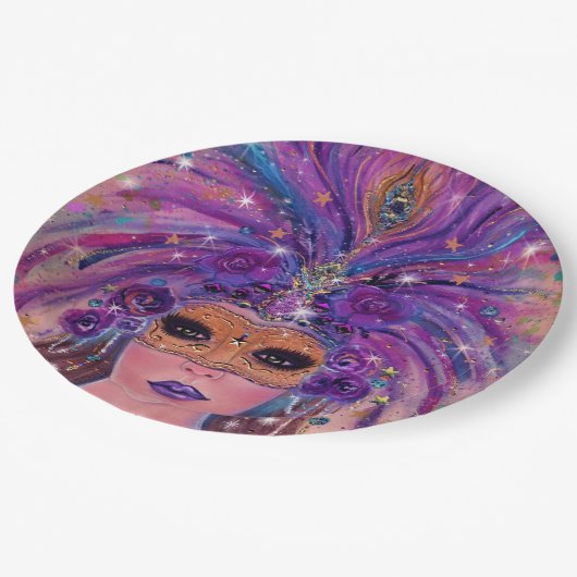 Mardi Grasファンタジーの女性のマスクby Renee Lavoie ペーパープレート (アングル)