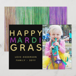 Mardi Grasフォトカード – 紫モダン緑金ゴールド 招待状