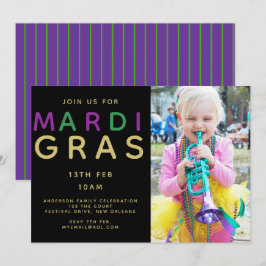 Mardi Grasフォト招待状モダン- Purple Green 招待状