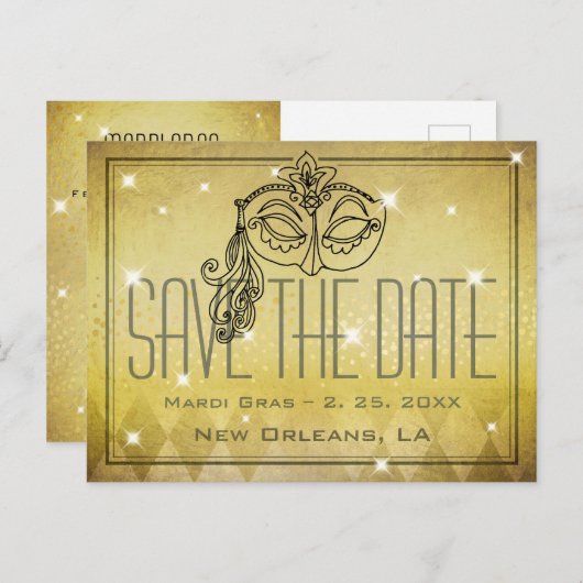Mardi Grasマスカレードマスク金ゴールド日付を保存 ポストカード (正面/裏面)