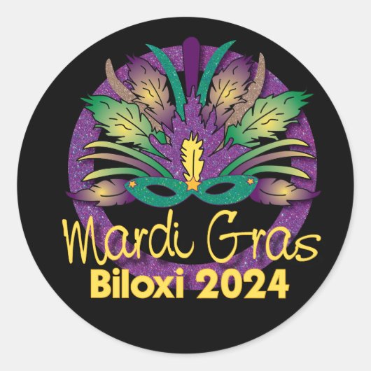 Mardi Grasマスクステッカー – 2024 - Biloxi, MS. ラウンドシール (正面)