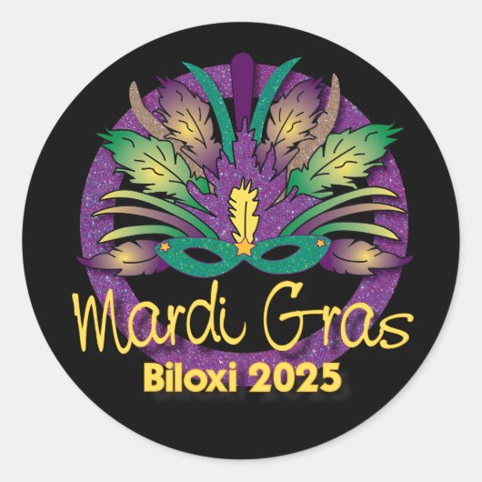 Mardi Grasマスクステッカー – 2025 - Biloxi, MS. ラウンドシール (正面)