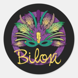 Mardi Grasマスクステッカー – Biloxi, MS. ラウンドシール
