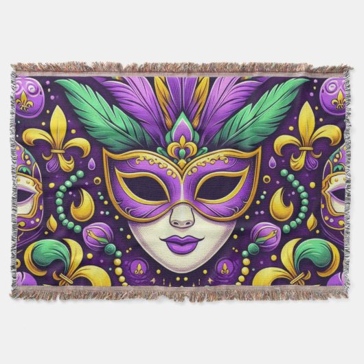 Mardi Grasマスク/ビーズ/(紋章の)フラ・ダ・リ スローブランケット (正面)