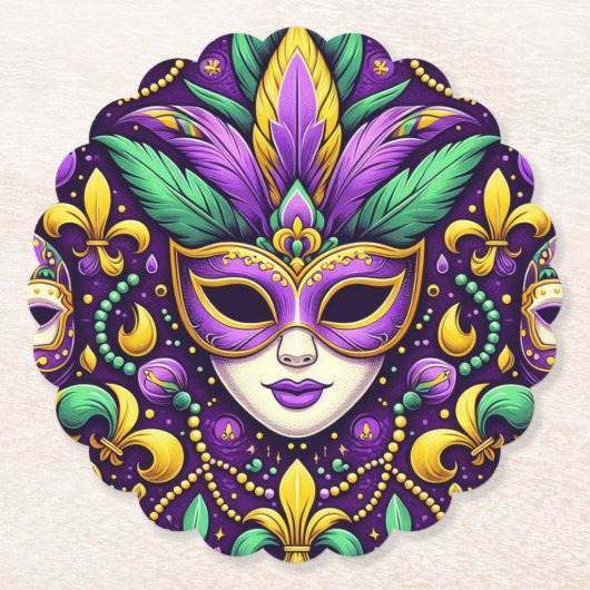 Mardi Grasマスク/ビーズ/（紋章の）フラ・ダ・リ ペーパーコースター (正面)