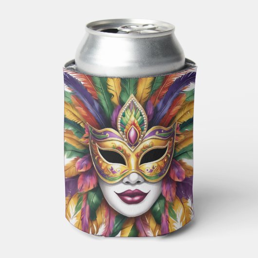 Mardi Gras名前の追加カーニバルマスクの羽 缶クーラー (缶正面)