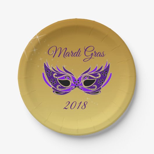 Mardi Gras 2018マスクオン金ゴールド ペーパープレート (正面)