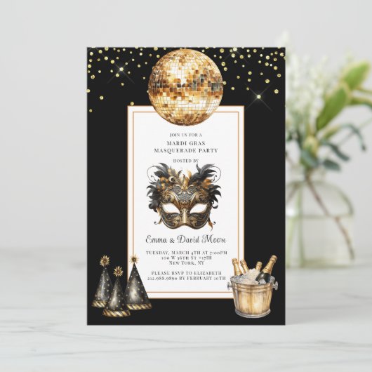Mardi Gras 2026 Black Gold Glitter 招待状 (スタンド正面)