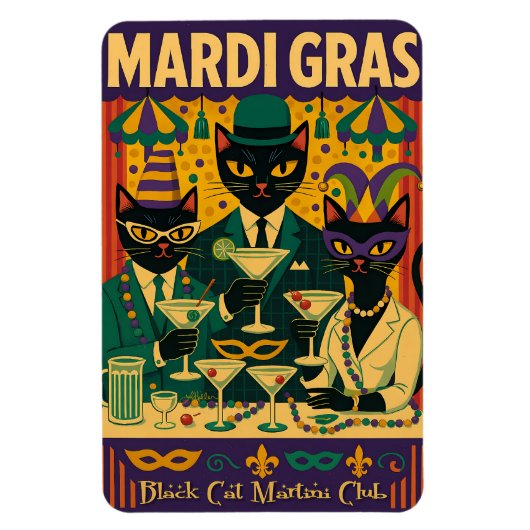 Mardi Gras Black Cat Martini Club Trio マグネット (縦)