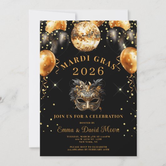 Mardi Gras Black Gold Glitter Masquerade Party 招待状 (正面)