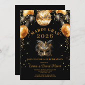 Mardi Gras Black Gold Glitter Masquerade Party 招待状 (正面/裏面)