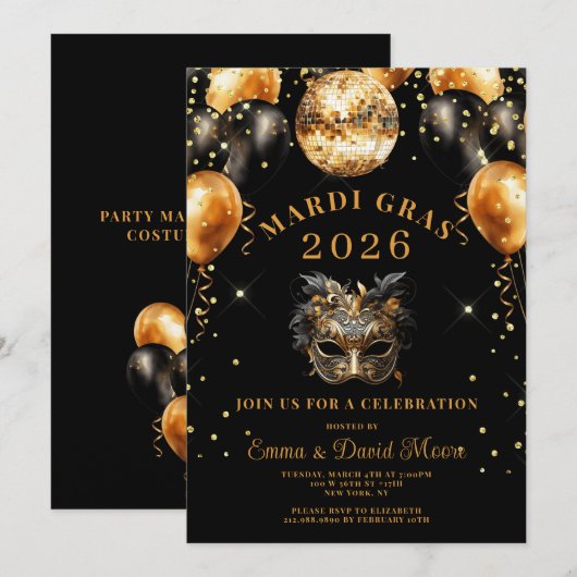 Mardi Gras Black Gold Glitter Masquerade Party 招待状 (正面/裏面)