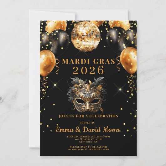 Mardi Gras Black Gold Glitter Masquerade Party 招待状 (正面)