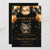 Mardi Gras Black Gold Glitter Masquerade Party 招待状 (正面/裏面)