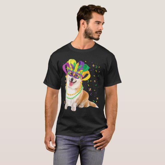 Mardi Gras Corgi Dog Animal Festival Party Tシャツ (正面フル)