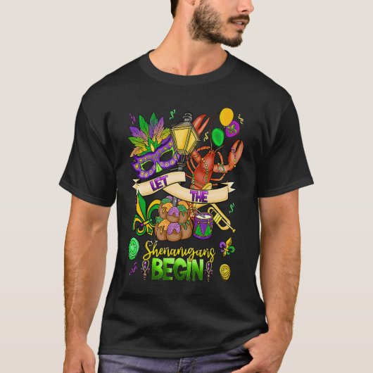 Mardi Gras Crawfish Jester Beads Let Shenanigans B Tシャツ (正面)