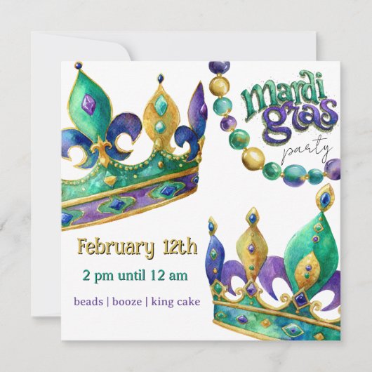 Mardi Gras Crowns and Beads Party Invite 招待状 (正面)