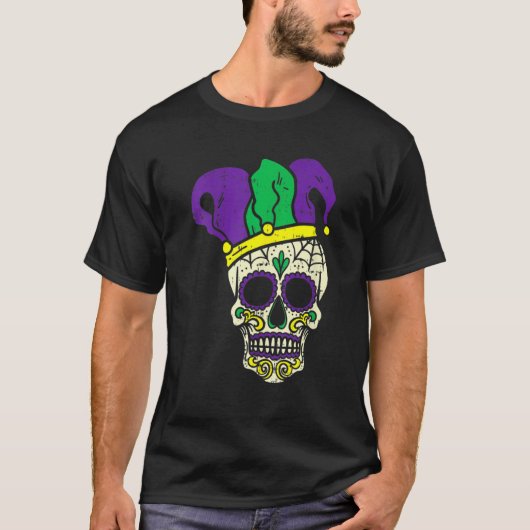 Mardi Gras Cute Skull Jester Hat Masked Beads Fest Tシャツ (正面)