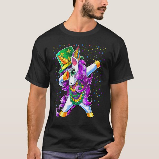Mardi Gras Dabbing Unicorn Jester Hat Bead Costume Tシャツ (正面)