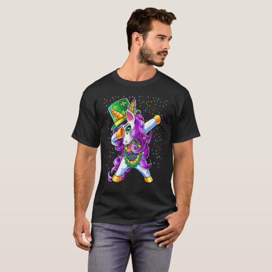 Mardi Gras Dabbing Unicorn Jester Hat Bead Costume Tシャツ (正面フル)