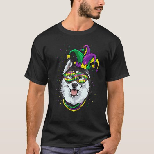 Mardi Gras Dog Carnival Siberian Husky Jester Husk Tシャツ (正面)