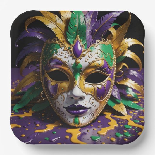 Mardi Gras Face Mask Party ペーパープレート (正面)