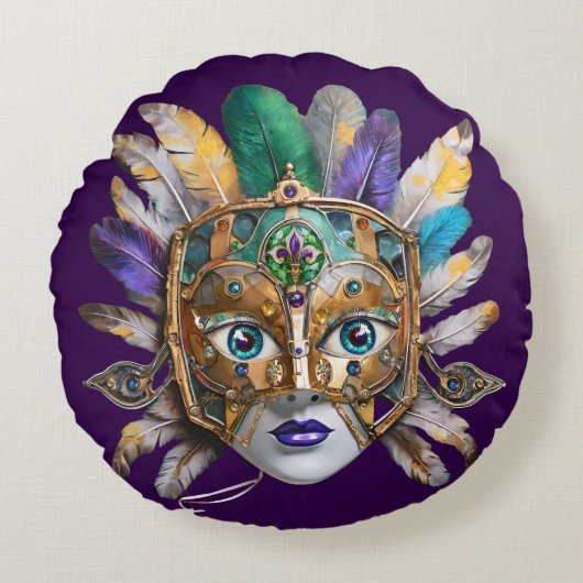Mardi Gras Feather and Metal Mask ラウンドクッション (正面)