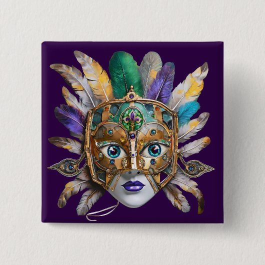 Mardi Gras Feather and Metal Mask 缶バッジ (正面)