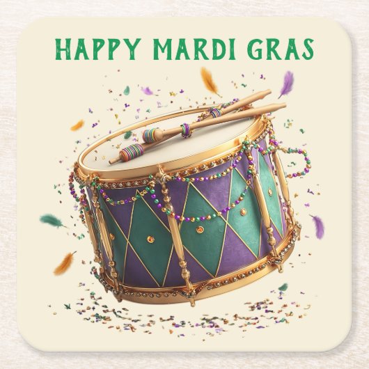 Mardi Gras Festive Drum スクエアペーパーコースター (正面)